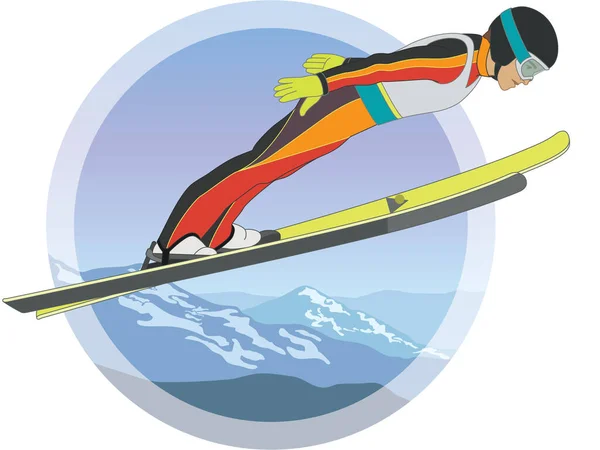 滑雪跳跃 男子滑雪者在中间跳跃臂在V型位置上 雪山覆盖 — 图库矢量图片