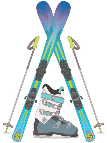 Freestyle Skiën Blauwe Ski Gekruist Met Skistokken Skischoenen Geïsoleerd Een — Stockvector