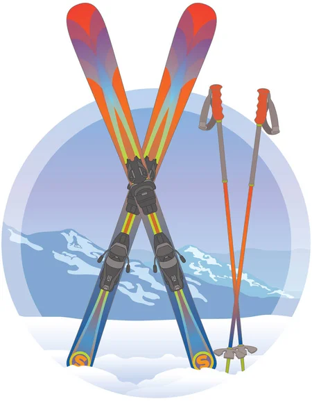 Freestyle Esquí Esquís Bastones Esquí Nieve Con Montañas Fondo — Vector de stock