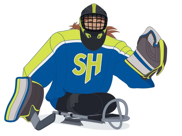 Para Sport Paraolimpijski Sanie Hokej Fizycznie Niepełnosprawnych Kobiet Bramkarz Siedzi — Wektor stockowy