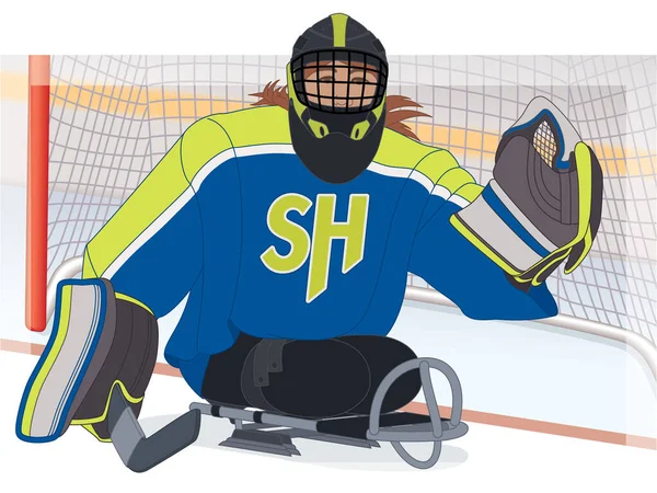 Para Sport Paraolimpijski Hokej Sankach Fizycznie Niepełnosprawnych Kobiet Bramkarz Siedzi — Wektor stockowy