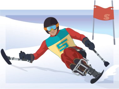 Felç edici spor alp kayağı, fiziksel engelli erkek kayakçı bayrak ve arka planda gökyüzü ile tepeden aşağıya özel mono-ski 'de oturuyor.