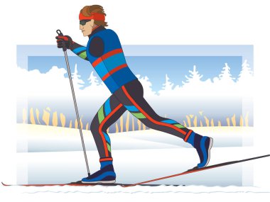 Para sporu felç kayağı, fiziksel engelli erkek kayakçı karda kayak yaparken arka planda ağaçlar var.