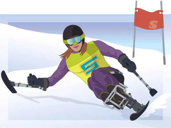 パラスポーツ高山スキー身体障害者女性スキー旗と空を背景に雪の上に専門のモノスキー下り坂に座って — ストックベクタ