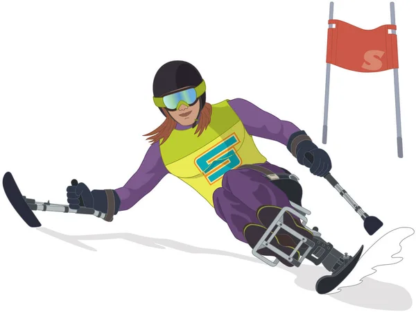 パラスポーツ高山スキー身体障害者女性専用スキー場白地にフラグが隔離された雪の上に滑降 — ストックベクタ