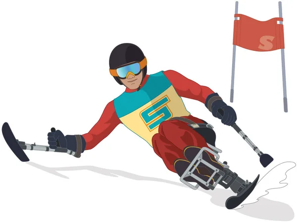 Para Sports Paralympic Alpine Skiing Physical Disabled Male Skier Sitting — Stock Vector