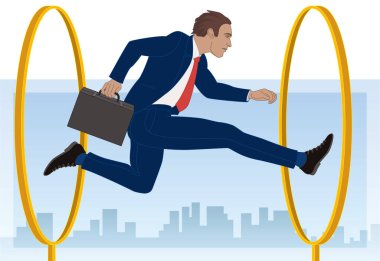 businessman jumping through hoops with sky and buildings in background