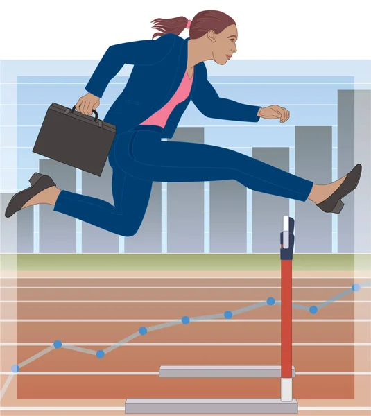 Businesswoman Jumping Hurdle Track Bar Graph Line Chart Background — Image vectorielle