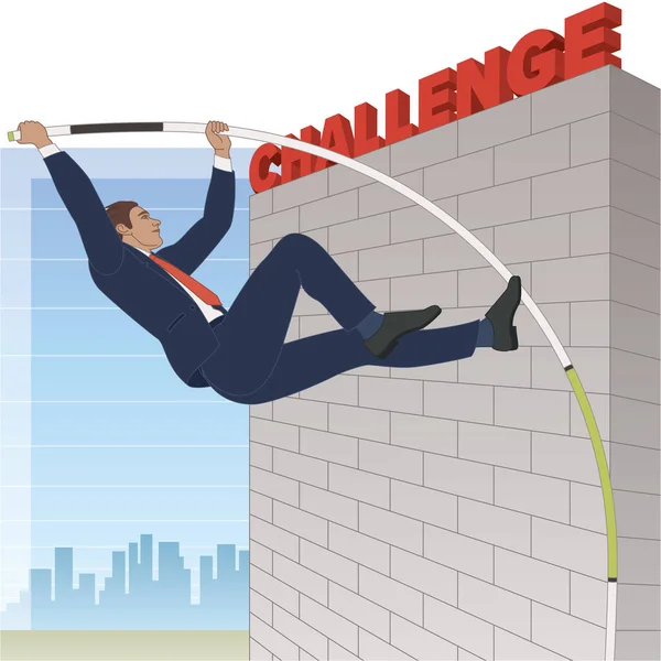 Businessman Pole Vaulting High Wall Word Challenge Line Graph Buildings — Stock vektor