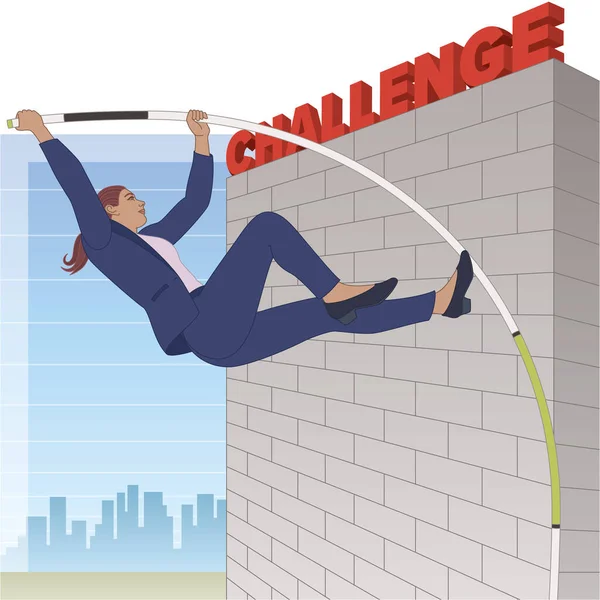 Businesswoman Pole Vaulting High Wall Word Challenge Line Graph Buildings — Stock vektor
