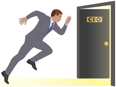 Beyaz arka planda tecrit edilmiş bir şekilde CEO pozisyonu için açık kapıya doğru koşan işadamı