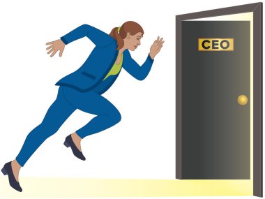 CEO pozisyonu için açık kapıya doğru koşan iş kadını beyaz arka planda izole edildi