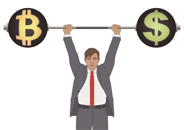 Zakenman Gewichtheffen Houden Van Het Gewicht Valuta Investering Dollars Bitcoin — Stockvector