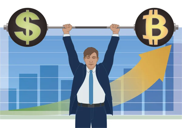 Businessman Weightlifting Holding Weight Currency Investment Dollars Bitcoin Bar Graph — Stock Vector
