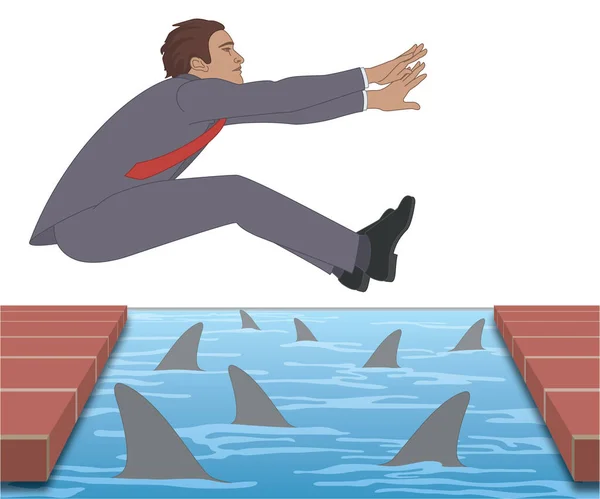 Hombre Negocios Saltando Largo Distancia Para Evitar Agua Infestada Tiburones — Vector de stock