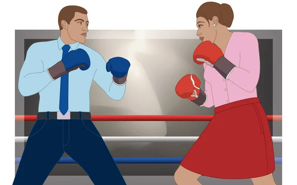 businessman and businesswoman wearing boxing gloves boxing in a match with boxing ring in background