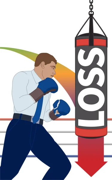 Businessman Wearing Boxing Gloves Hitting Loss Punching Bag Arrow Pointing — Vetor de Stock