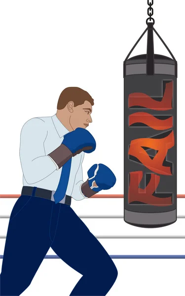 Businessman Wearing Boxing Gloves Punching Fail Punching Bag Isolated White — Stock vektor