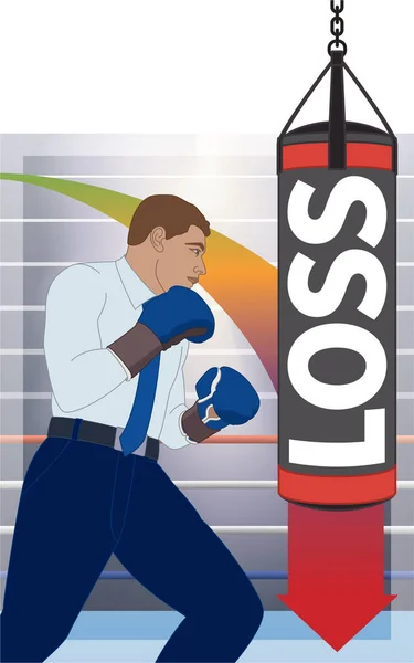 Businessman Wearing Boxing Gloves Hitting Loss Punching Bag Arrow Pointing — Vetor de Stock