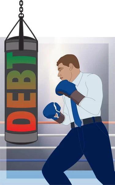 Businessman Wearing Boxing Gloves Punching Debt Punching Bag Boxing Ring — Stock vektor