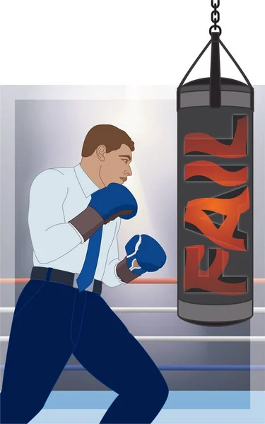 Businessman Wearing Boxing Gloves Punching Fail Punching Bag Boxing Ring — Stock vektor