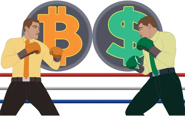 Zakenmannen Dragen Bokshandschoenen Boksen Een Wedstrijd Tussen Bitcoin Dollar Valuta — Stockvector