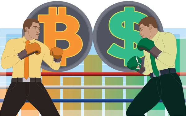 Zakenmensen Dragen Bokshandschoenen Boksen Een Wedstrijd Tussen Bitcoin Dollar Munt — Stockvector