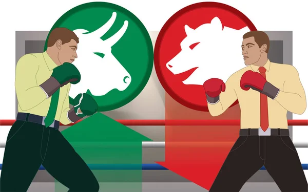 Geschäftsleute Mit Boxhandschuhen Boxen Einem Kampf Zwischen Börsensymbolen Bär Und — Stockvektor