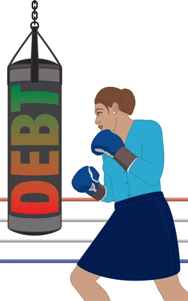 businesswoman wearing boxing gloves punching DEBT on the punching bag isolated on white background