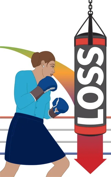 Businesswoman Wearing Boxing Gloves Hitting Loss Punching Bag Arrow Pointing — Stock vektor
