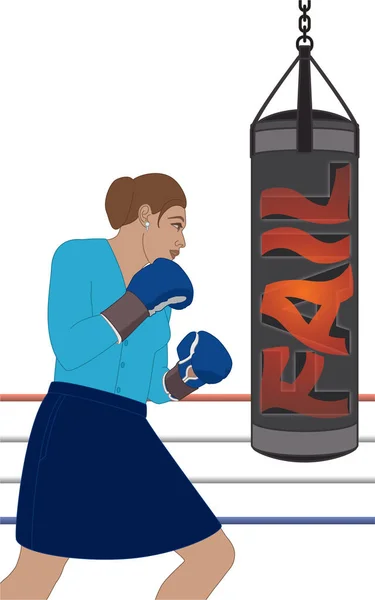 Businesswoman Wearing Boxing Gloves Punching Fail Punching Bag Isolated White — Vetor de Stock