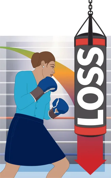 businesswoman wearing boxing gloves hitting LOSS on the punching bag with arrow pointing down on graph in boxing ring