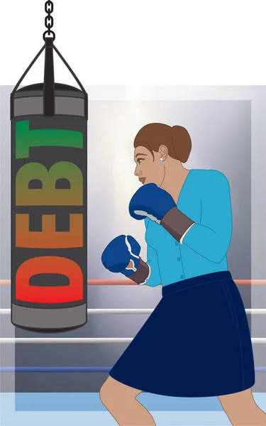 businesswoman wearing boxing gloves punching DEBT on the punching bag with boxing ring in background