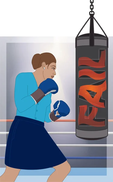 businesswoman wearing boxing gloves punching FAIL on the punching bag with boxing ring in background