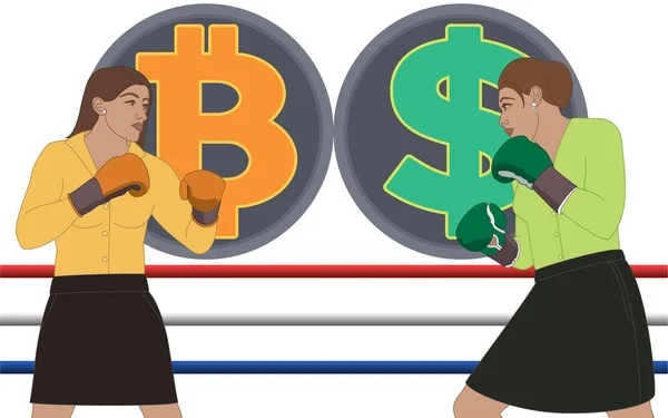 businesswomen wearing boxing gloves boxing in a match between bitcoin and dollar currency isolated on white background