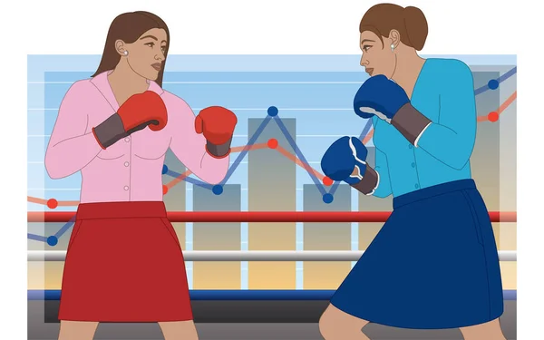 Businesswomen Wearing Boxing Gloves Boxing Match Line Bar Graphs Background — Image vectorielle