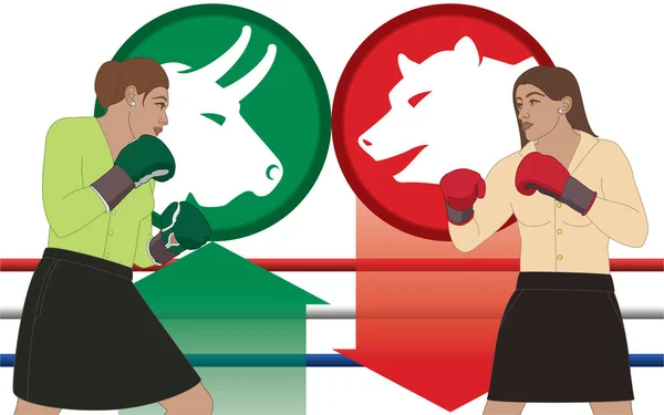 Businesswomen Wearing Boxing Gloves Boxing Match Stock Market Symbols Bear — Image vectorielle