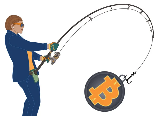 Businesswoman Fishing Currency Catching Bitcoin Isolated White Background — Stockvector