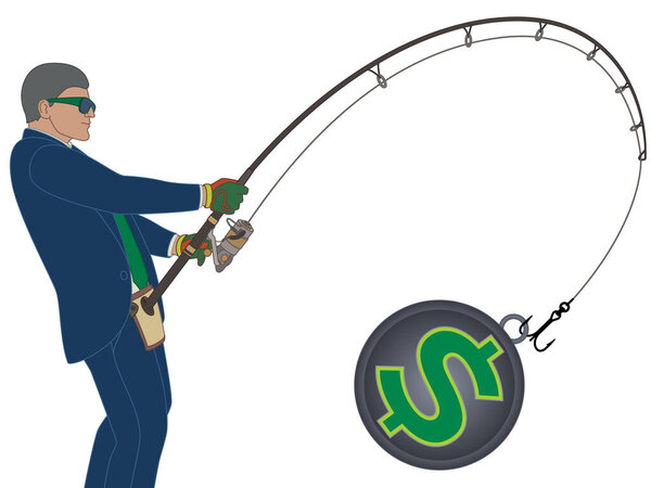 businessman fishing for currency, catching dollars isolated on white background