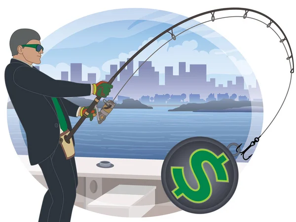 Businessman Fishing Currency Catching Dollars City Water Background — Image vectorielle