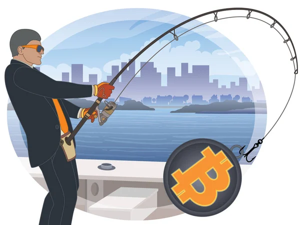 Businessman Fishing Currency Catching Bitcoin City Water Background — Stockvector