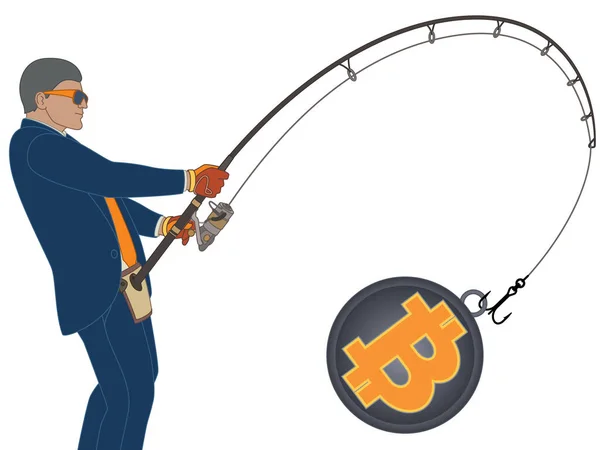 Businessman Fishing Currency Catching Bitcoin Isolated White Background — Stockvector