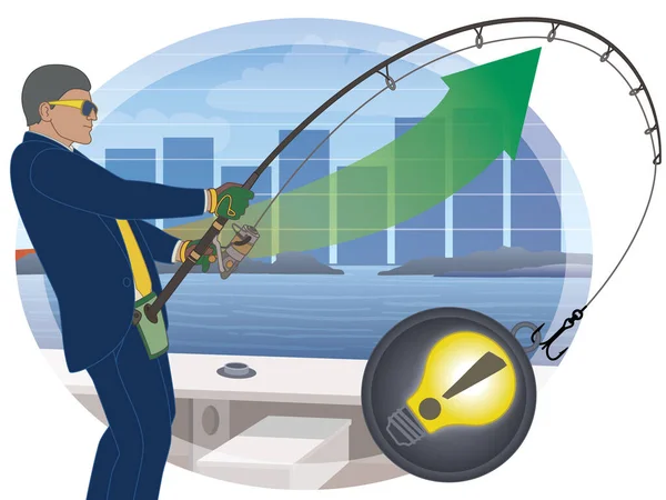 Businessman Fishing Ideas Increase Business Growth Bar Graph Arrow Pointing — Stockvector