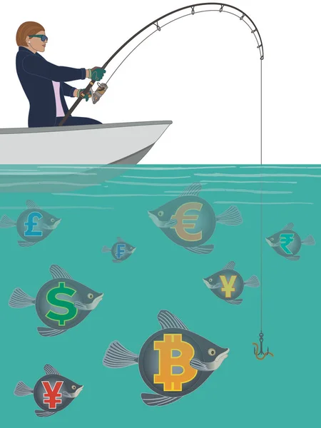 Businesswoman Fishing Boat Water Different Types Currency Isolated White Background — Stockvector