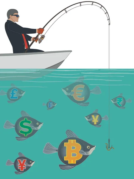 Businessman Fishing Boat Water Different Types Currency Isolated White Background — Stockvector