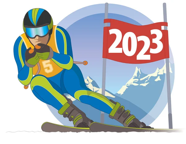 2023 Happy New Year Concept Skier Racing Downhill Passing Red - Stok Vektor