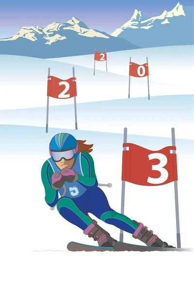 2023 Happy New Year Concept Skier Racing Downhill Passing Flags — Vector de stock