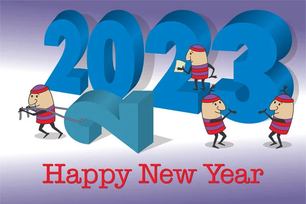 2023 Feliz Ano Novo Conceito Personagens Desenhos Animados Arrastando Velho —  Vetores de Stock