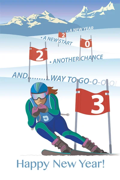 2023 Happy New Year Concept Skier Racing Downhill Passing Flag — Διανυσματικό Αρχείο