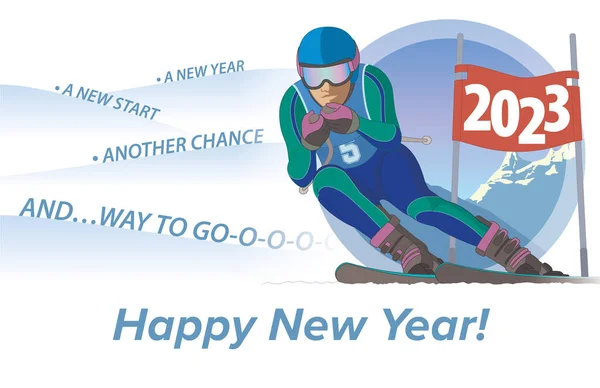 2023 Happy New Year Concept Skier Racing Downhill Passing Flag — ストックベクタ